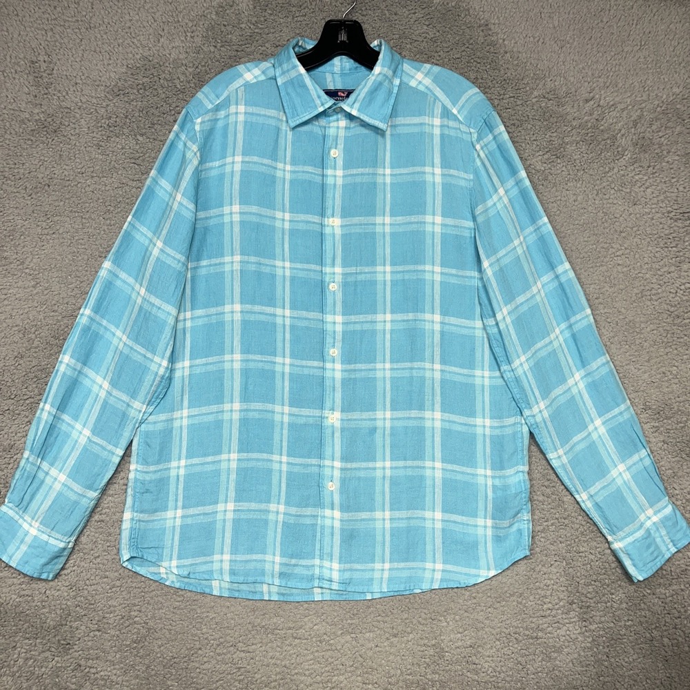 Vineyard Vines Shirt Men's Size M Blue Plaid Linen Made in India Button Down